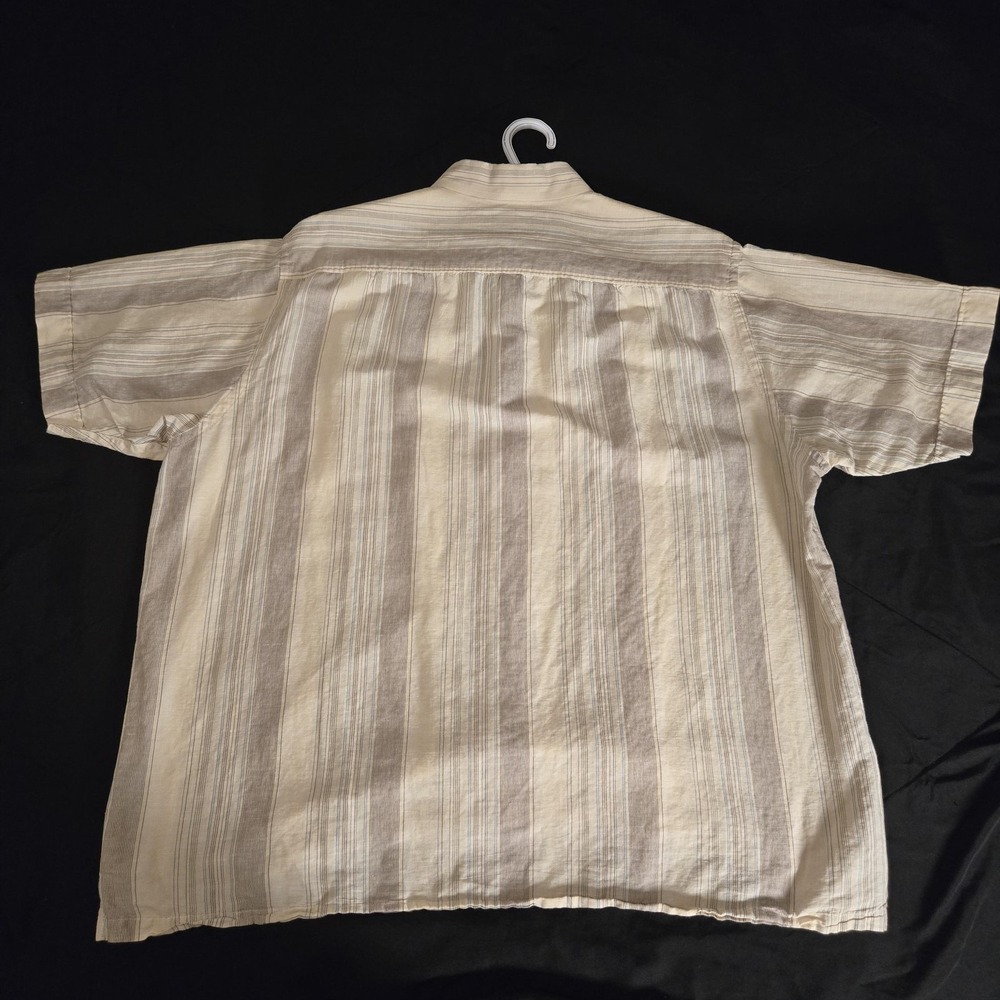 Tasso Elba Shirt Mens Large Beige 62% Linen Cotton Stripe Short Sleeve Button Up - Picture 7 of 8